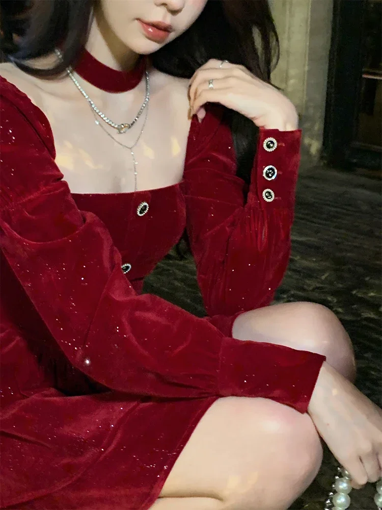 Christmas Red Elegant Velvet Dress Women France Designer Vintage Mini Dress Female Korean Fashion Party Y2k Dress Winter 2023