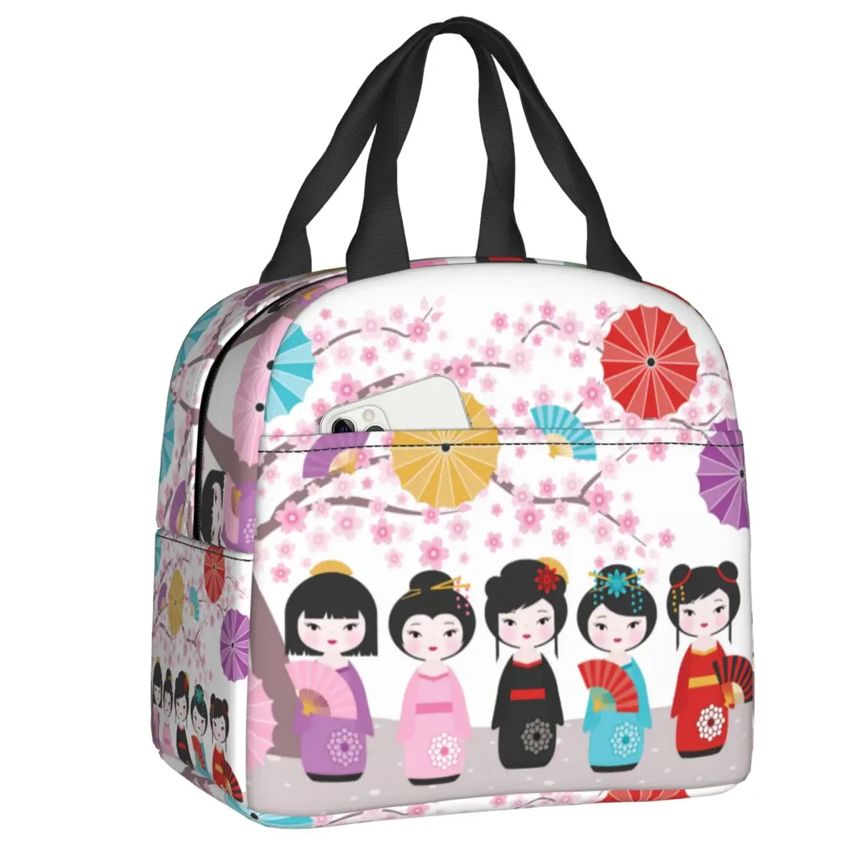 Japanese Geisha Girl Kokeshi Doll Lunch Bag Portable Cooler Thermal Insulated Lunch Box for School Office Storage Food Bento Box