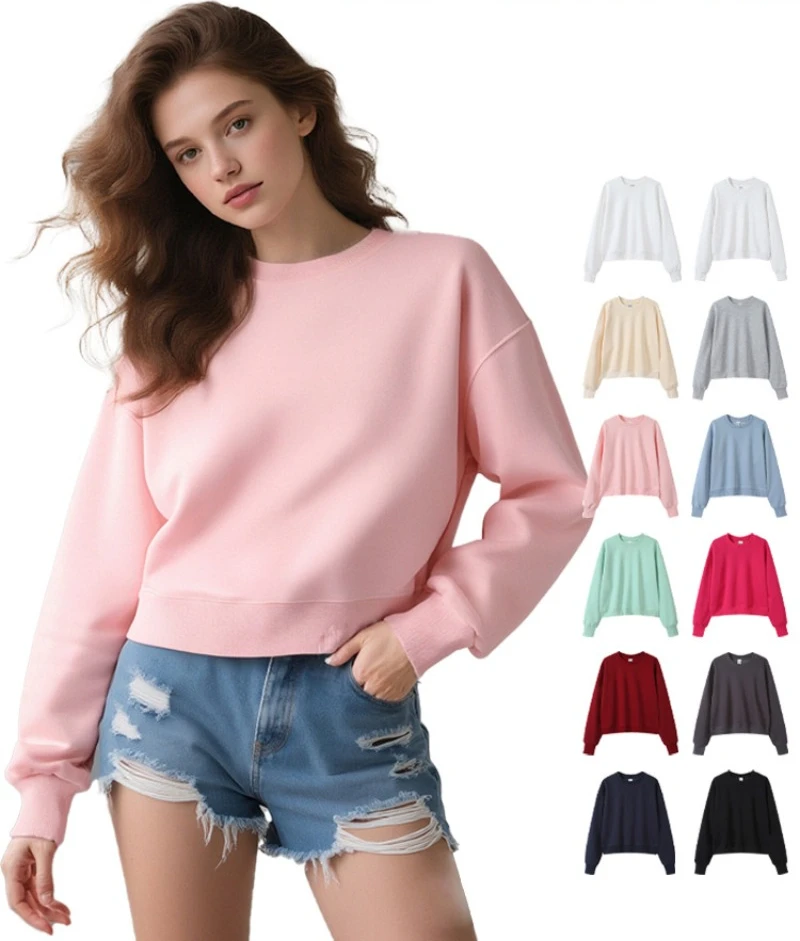 

Европейский и американский женский короткий свитер с круглым вырезом из чистого хлопка больших размеров, простой пуловер и тонкий осенне-зимний топ