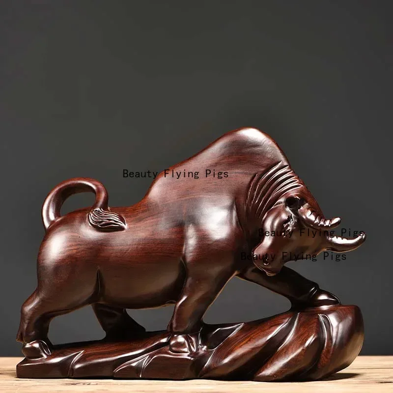1pc Wooden Cow Ornament Twelve Zodiac Ox Ornaments Home Decoration Office Decoration Solid Wood Carving Animal Crafts 14cm High