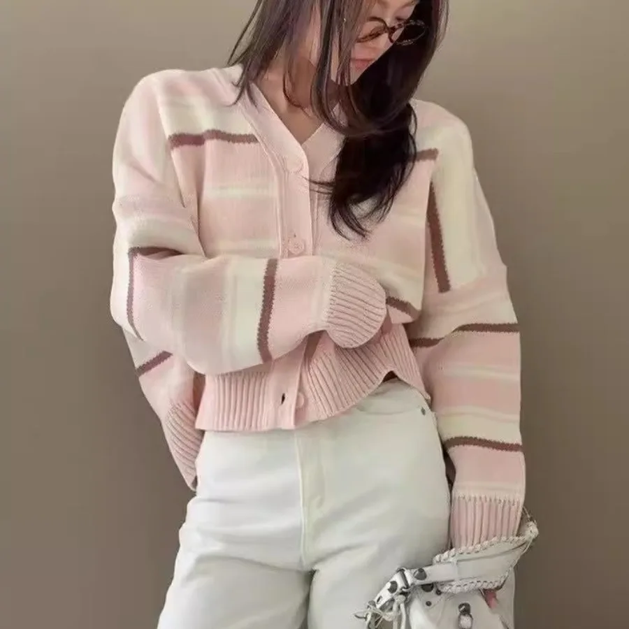 Damski sweter dzianinowy Thiened, luźny krój, jesień-zima, nowość, Dongda Gate, poziome paski, odzież wierzchnia, top.