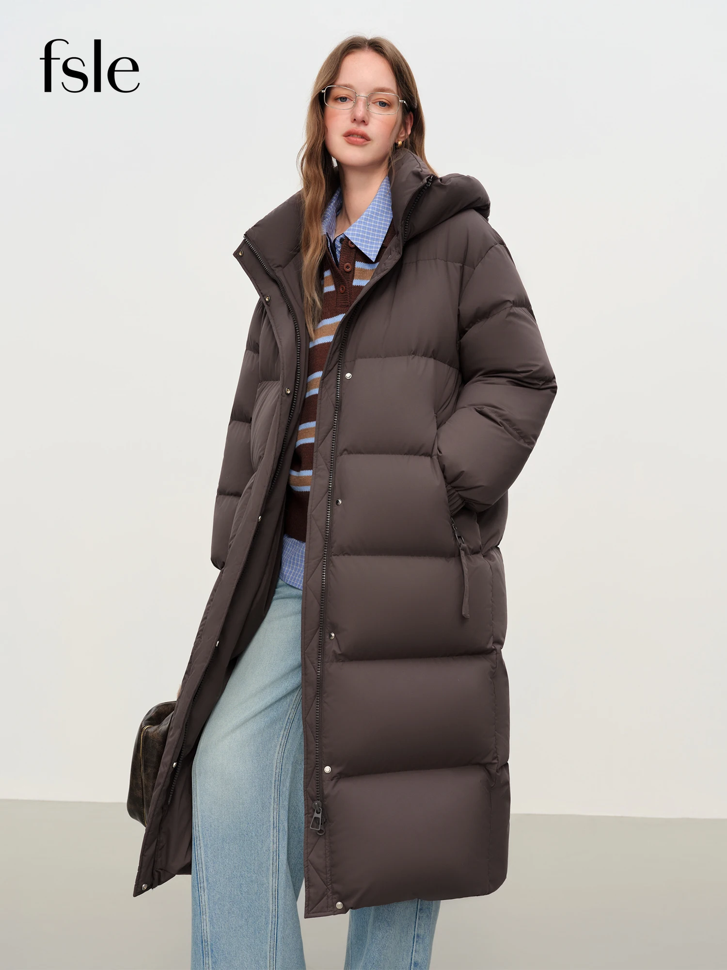 FSLE 2025 Winter Women's Long Down Coat Stand Collar Hood Straight Cut Thermal Puffer Warm Windproof Outerwear for Cold Weather