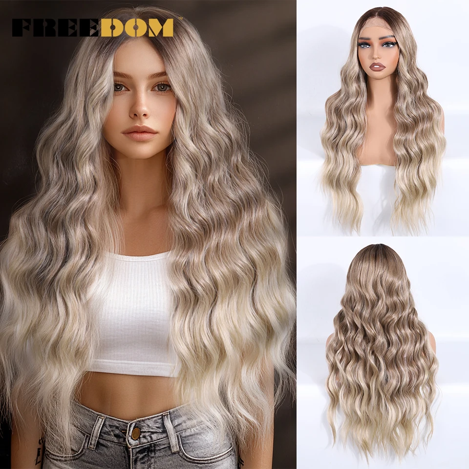 

FREEDOM Synthetic Lace Front Wigs For Women Loose Body Wavy Lace Wig 28" Long Ombre Brown Blonde Cosplay Wig Natural Hairline