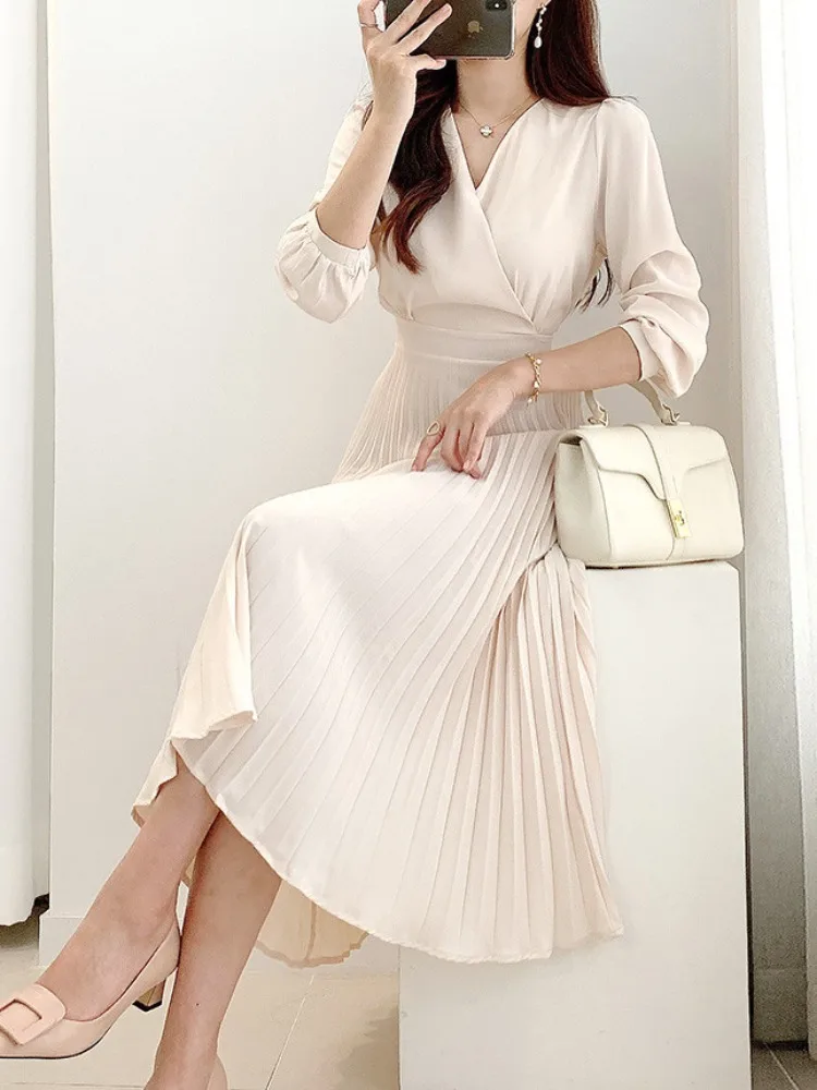 Ele Autumn Long Sve Dr Women's Soft V-Ne Waist Cinched Pleated Design Draped Dr Commute Sle Spring Autumn Wi...