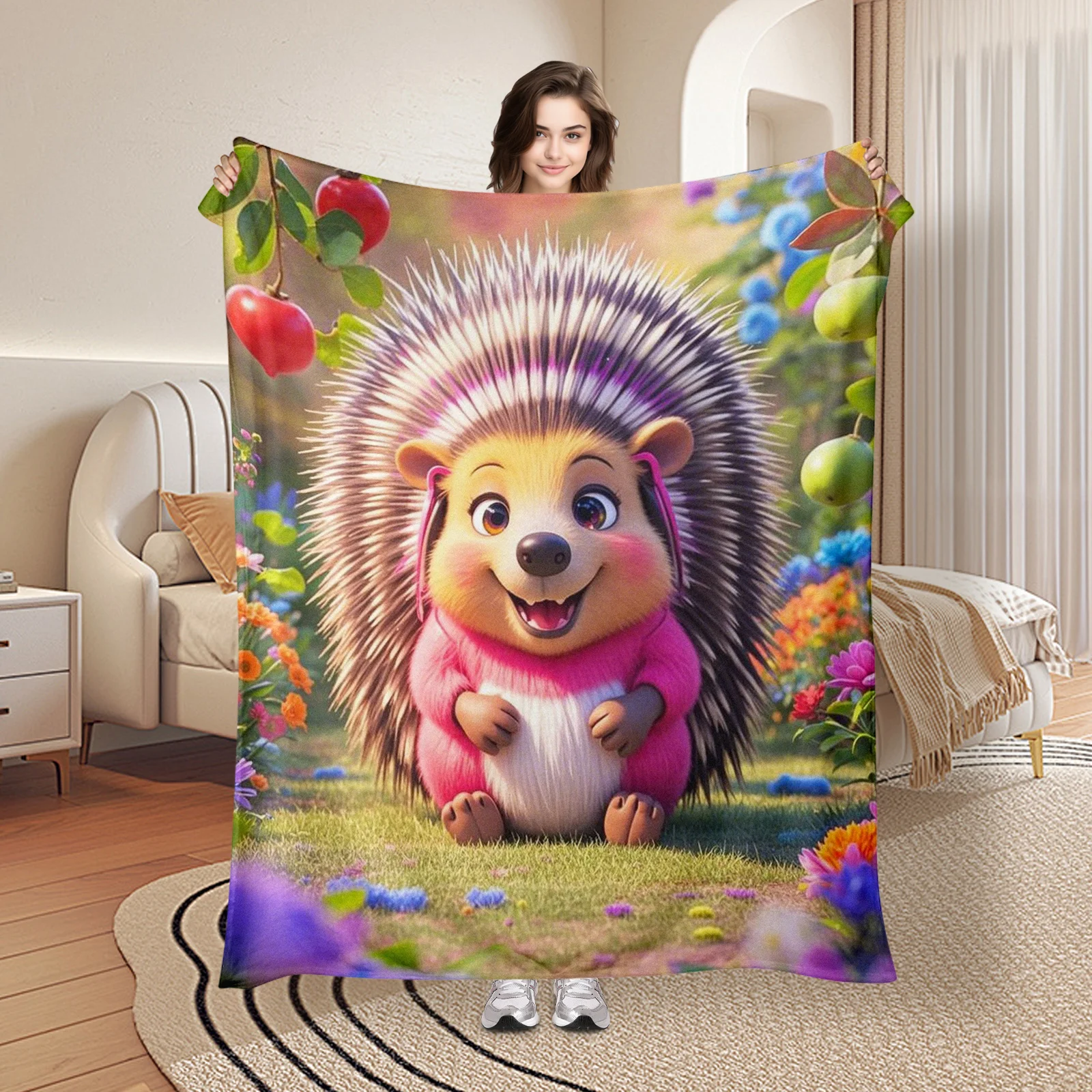 Porcupine Personified With Flowers And Clothes Design Blanket For A Whimsical And Artistic Home Decor Accent Piece