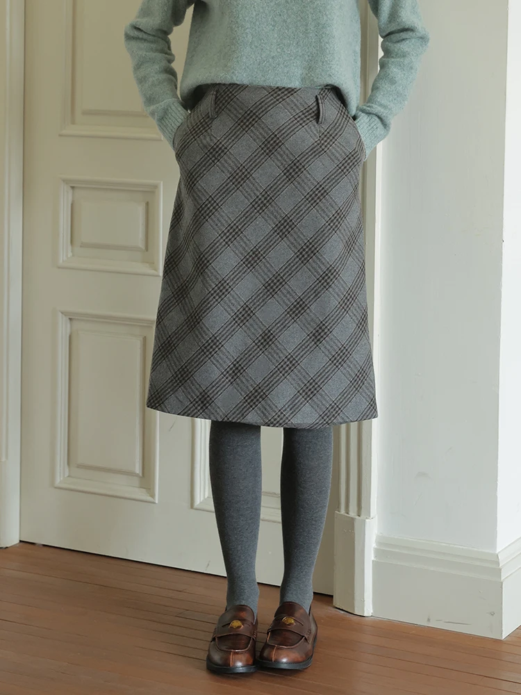 Casual High Waist Straight Woolen Plaid  Skirt for Women Autumn Winter New Style Versatile Comfortable Breathable Skirt
