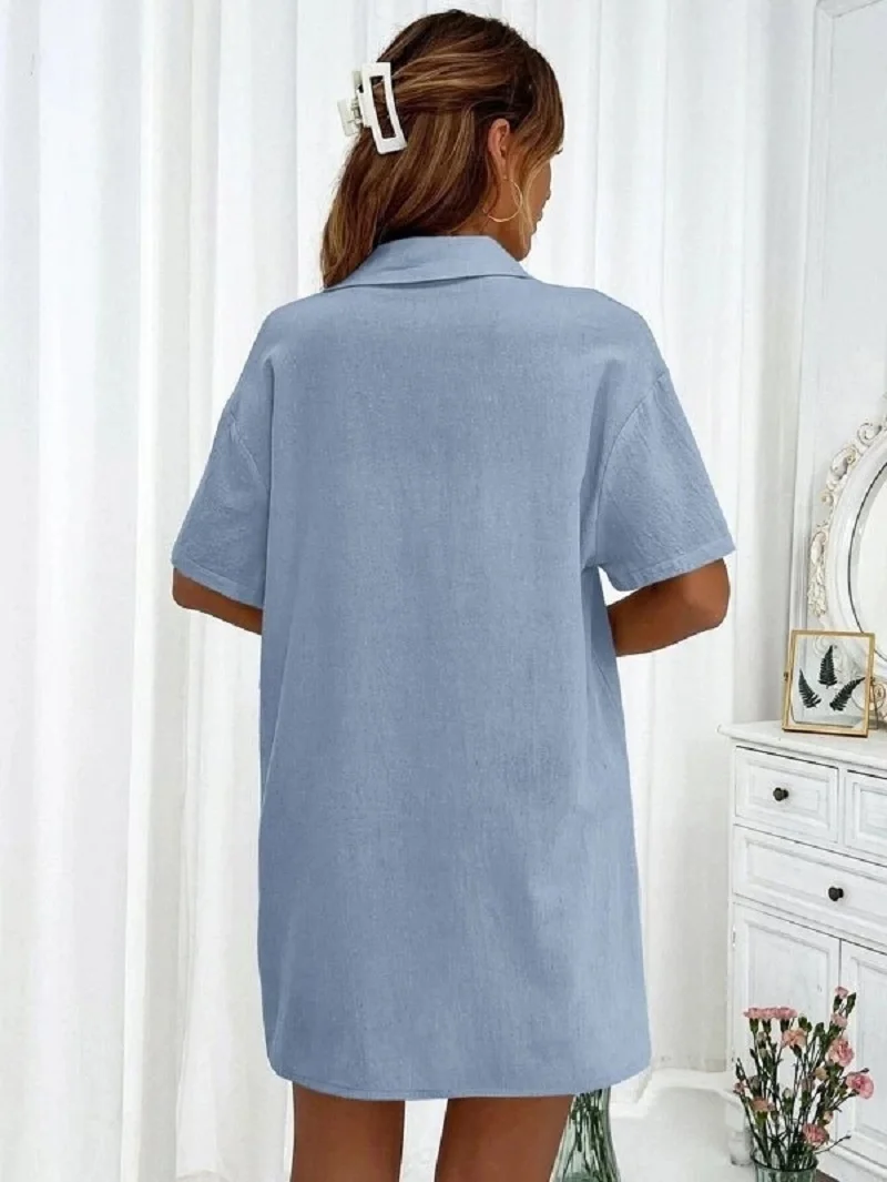 European and American Style Loose Short-sleeved Shirt Shorts Two-piece Solid Color Single-breasted Lace-up Casual Suit All-match