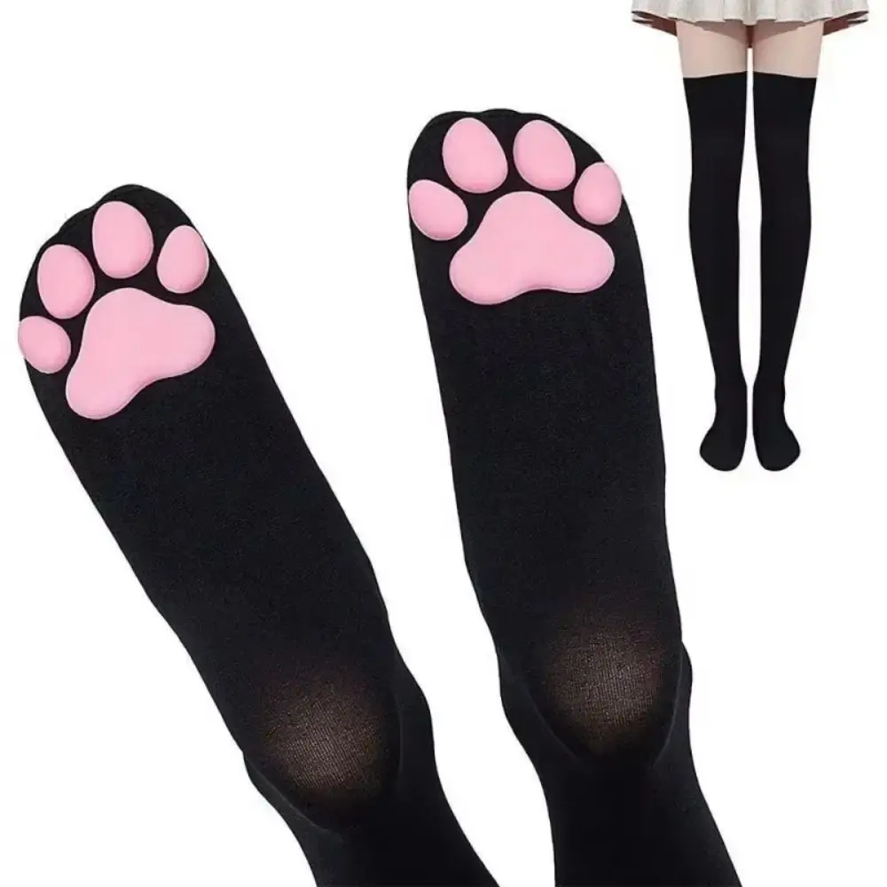 1 Pair Semi Sheer Cat Paw Stockings Cat Paw Pattern Soft Paw Pads Thigh High Stockings Harajuku Style Stretchy Fabric
