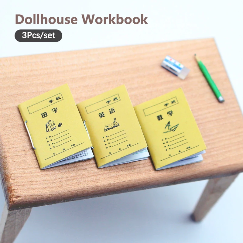 3Pcs 1:12 Dollhouse Miniature Exercise Book Mini Chinese Math English Practise Books Paper Notebook Model Life Scenes Decor Gift