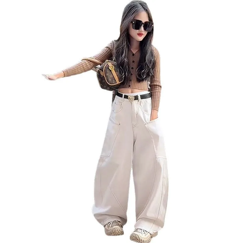 American Autumn Kids Girls Jeans UNITIM Young Teens Girls Girls Denim Pants Loose Versatile 4-14Yrs Junior Girls Straight Pants – Detail 5