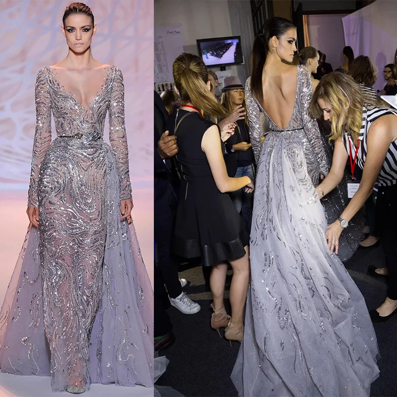 L320 New Zuhair Murad Sliver Long Sleeves V back   فساتين السهرة vestidos de fiesta  فساتين سهره evening dresses