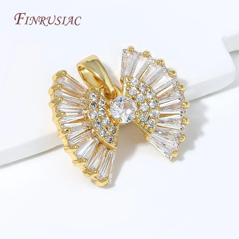 18K Gold Plated Fan Shape Pendant with Baguette CZ,Bow Cubic Zirconia Charm For DIY Necklace Jewelry Making Supplies Accessories