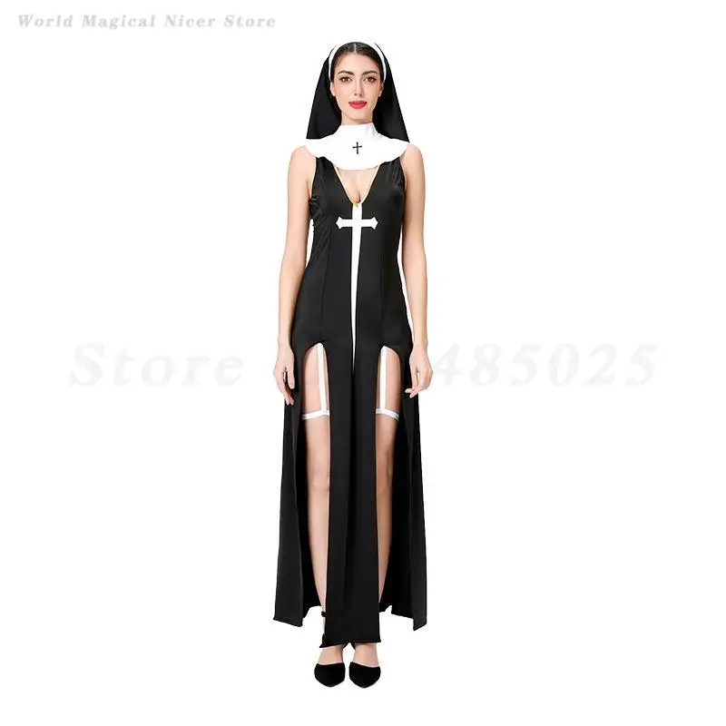 Women's Sexy Nun Cosplay Costume Halloween Fancy Dress Black Maid Role Playing Clothing Carnival Festival Adult Nun Dress Up view 4