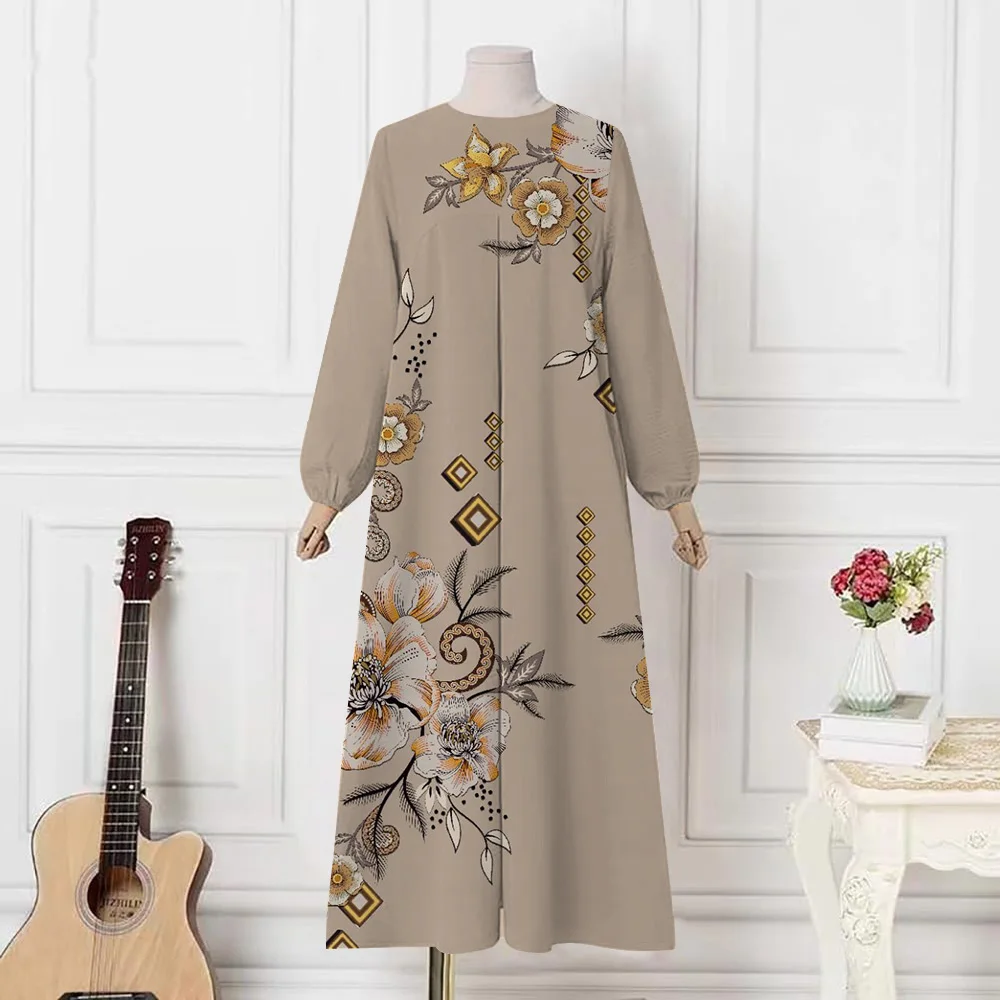 2024 Ramadan Eid Abayas For Women Middle East Dubai Muslim Floral Print O-neck Robe Dresses Fashion Femme Party Abaya Vestidoes