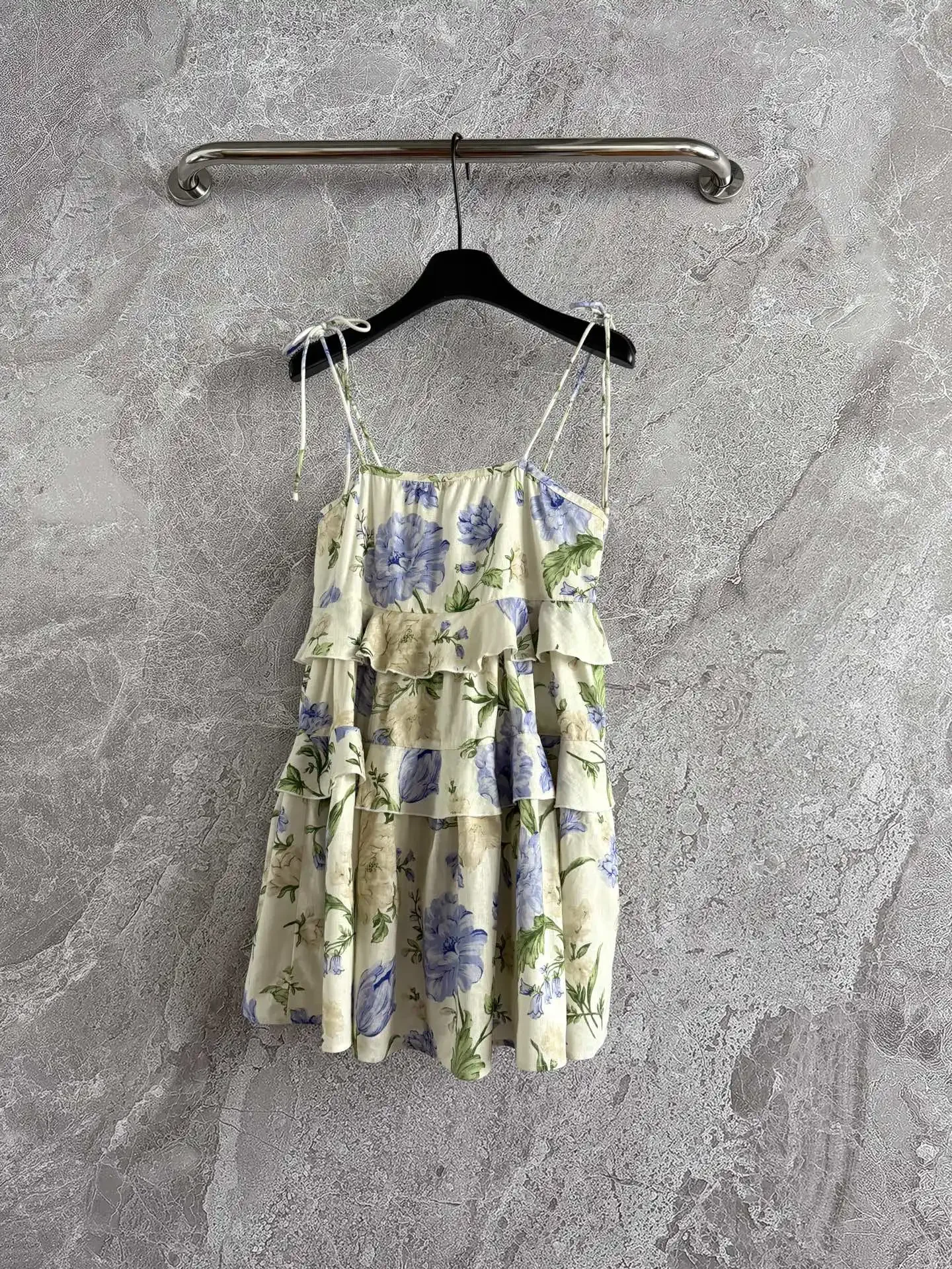 Flor impressão feminina estilingue boneca vestido babados em camadas gola quadrada sem mangas doce feminino linho mini robe