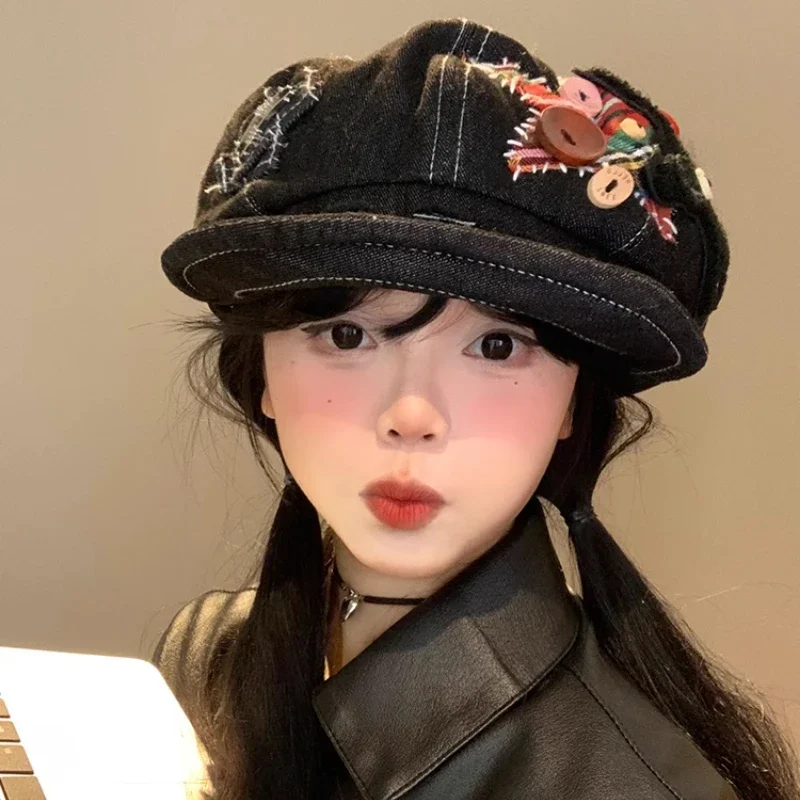 Niche Trend Star Button Patch Design Denim Beret Spring and Autumn Personality Street Big Head Octagonal Painter Hat for Woman‘s