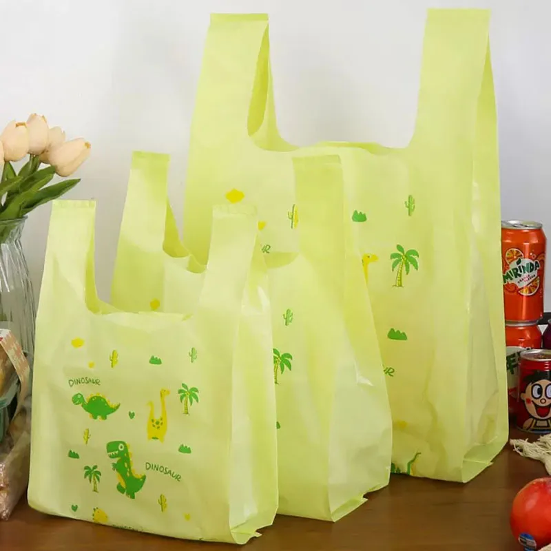 

50 250Pcs Green Cute Dragon T-Shirt Bags Plastic Shopping Bags Restaurant Bag T-Shirt Plastic Fruits Bags Reusable Disposable