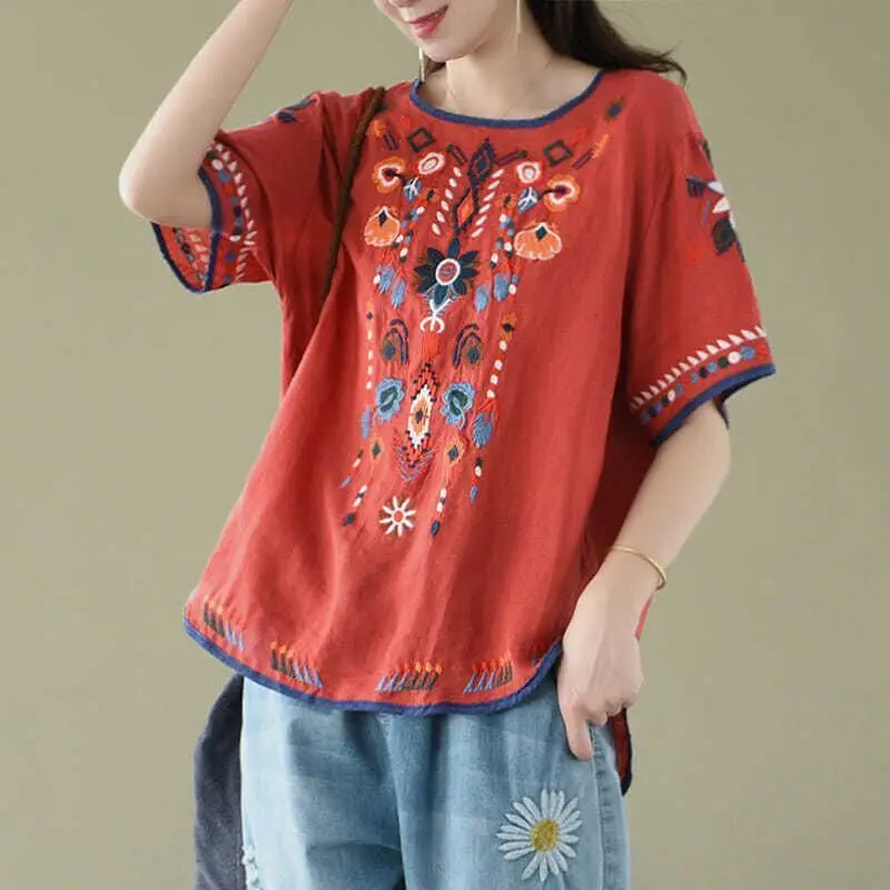 

2026 Summer Ethnic Embroidery Cotton Linen Short Sleeve T-Shirt Women Artsy Retro Top Clothing Female Comfortable Loose T-shirt
