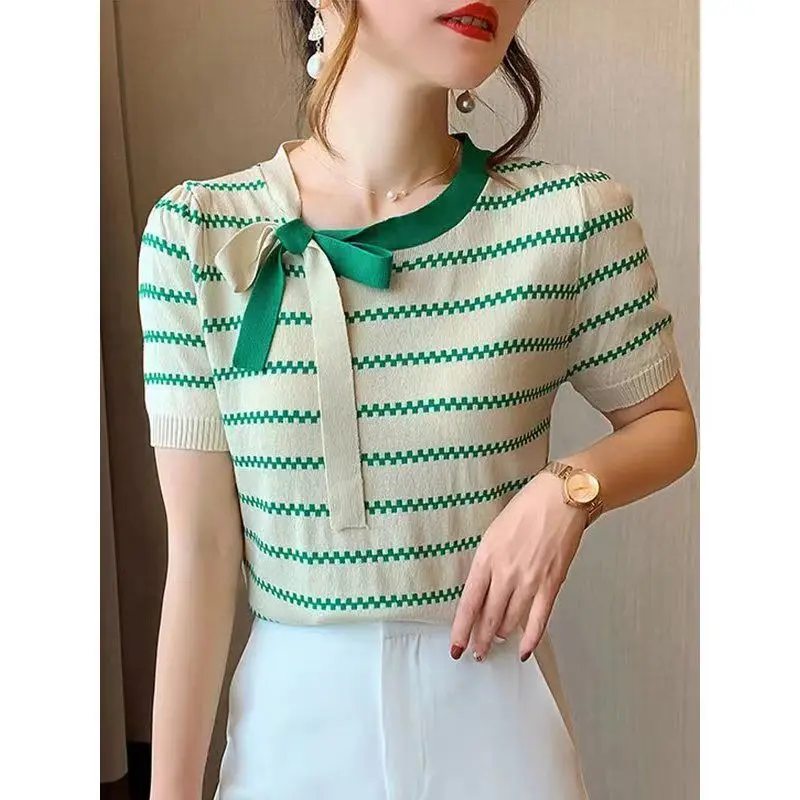 Summer Round Neck Fashion Short Sleeve T-shirt Women High Street Bow Patchwork Striped Knitting Pullovers Elegant All-match Tops