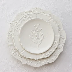 American Embossed Ceramic Plate European Modern Lily of The Valley Flower Relief Lace Dinner Plates Cake Dessert Dish Tableware