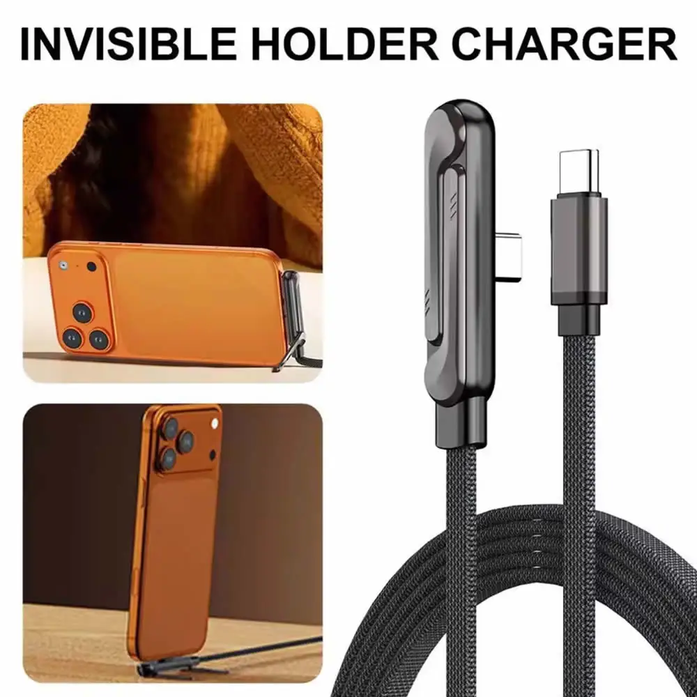 Sideways Phone Charger,Invisible Stand Charging Cable,Built In Phone Stand Charging Cord with Folding Phone Stand 2-in-1 Holder