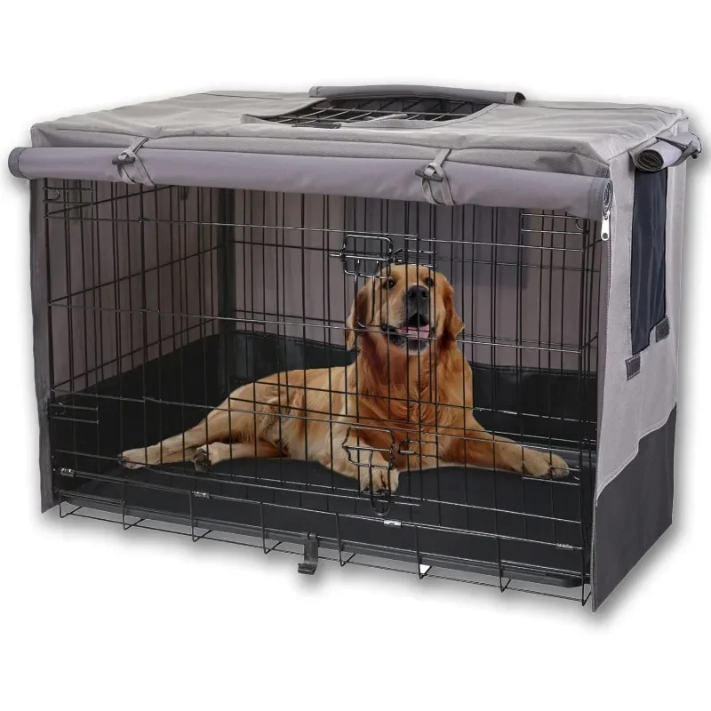 Privacy Dog Crate Cover 48 Inch, Durable 600D Canvas Water Resistant Windproof Pet Kennel for Universal Wire with Double Doors