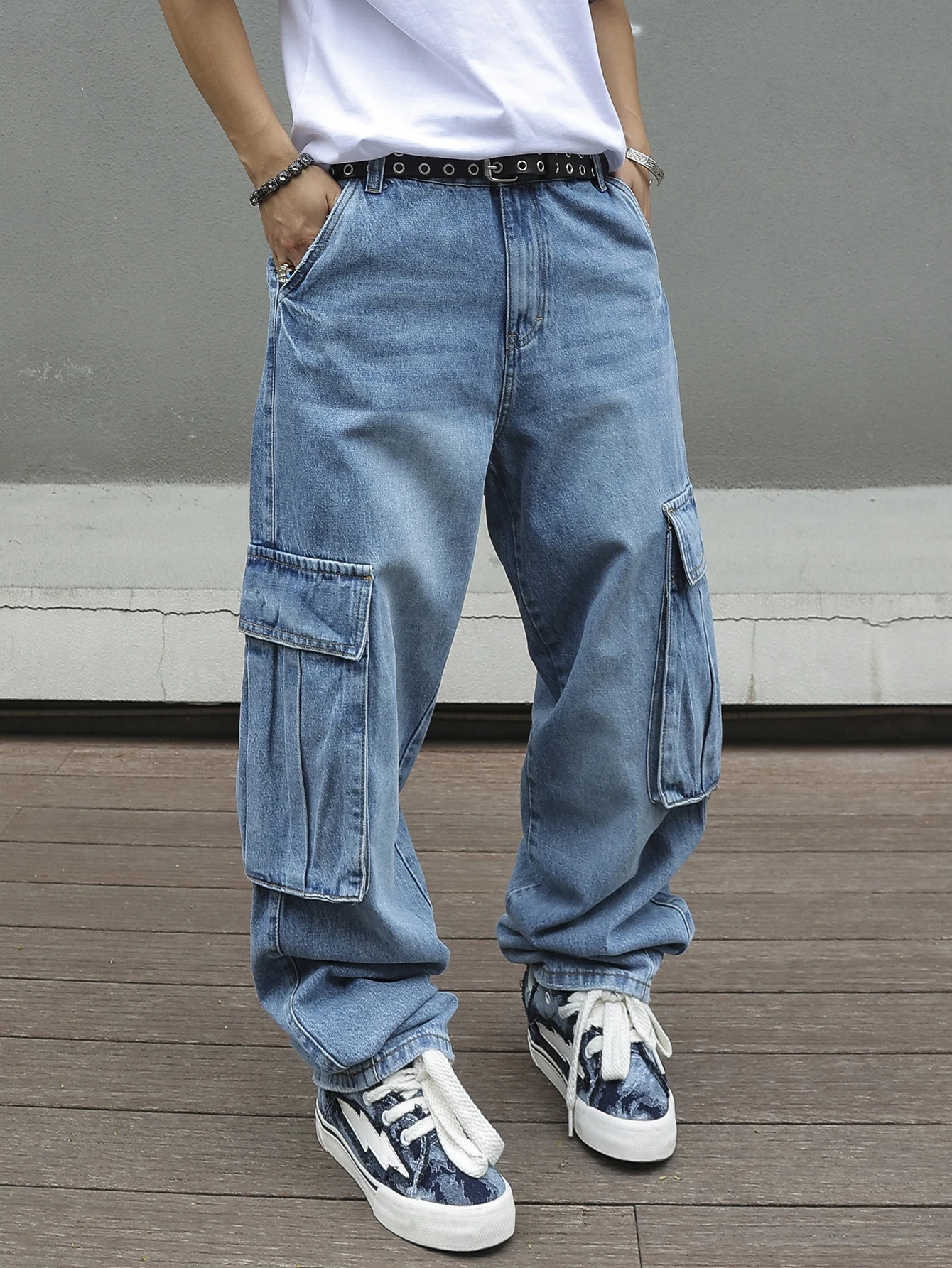 ผู้ชาย Baggy Cargo กางเกงสีฟ้าล้าง DENIM Multi-Pocket กางเกงยีนส์ขากว้าง VINTAGE ดูหลวม Fit streetwear สไตล์