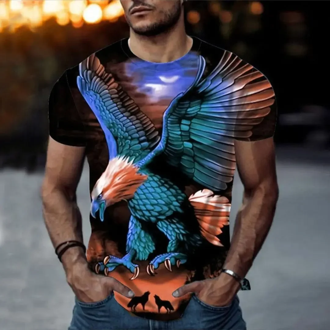 2024 Summer New Fashion Vintage T-shirt for Men 3D Eagle Print Short Sleeve Top Fashion Animal T-shirt Loose Oversized T-shirt M