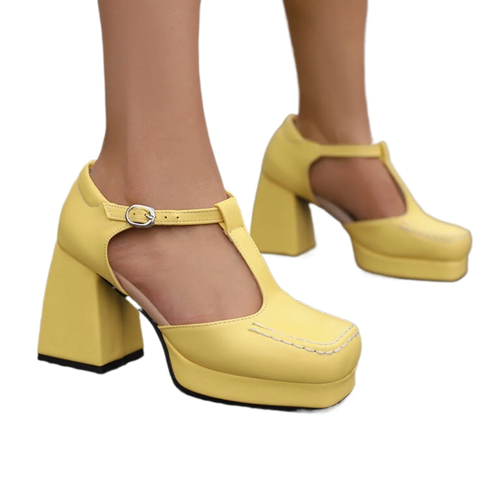 

Colorful Square Toe Mary Jane Shoes Women T-Strap Platform Block Heel Pumps Plus Size 34-48 Party Dress Shoes 719