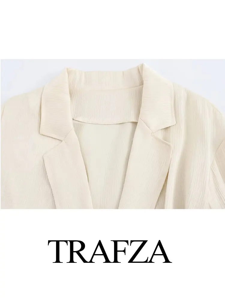 TRAFZA 2024 Elegant Texture Beige Blouse For Women Long Sleeves Turn Down Collar Lace Up Pajama Style Shirts Loose Cozy Tops