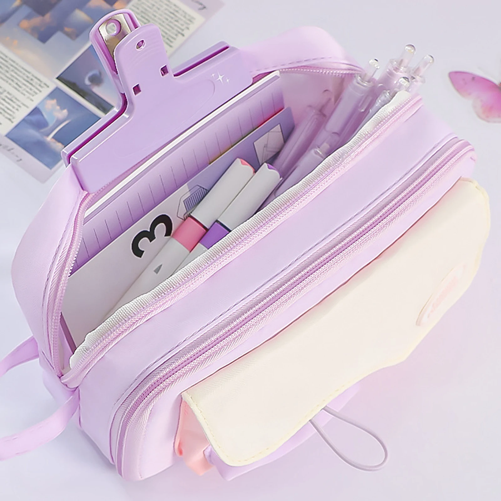 منظم قرطاسية ملون معكرون على الطراز الياباني، مقصورات متعددة صغيرة طازجة، مقلمة ذات سعة كبيرة، حقيبة أقلام محمولة