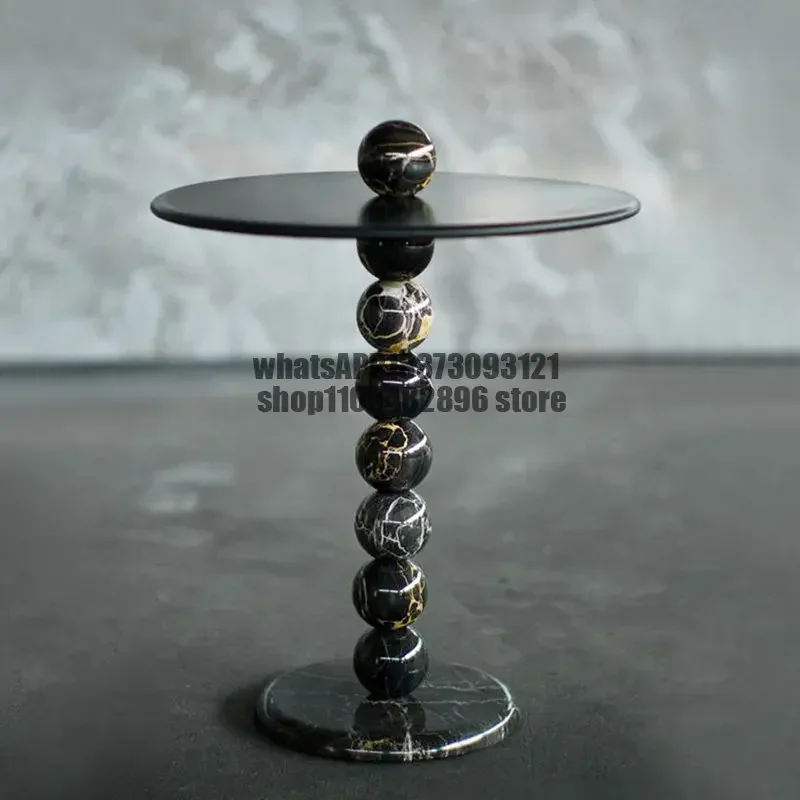 Marble living room, sofa side, light luxury small round table, Bulgari black luxury stone corner