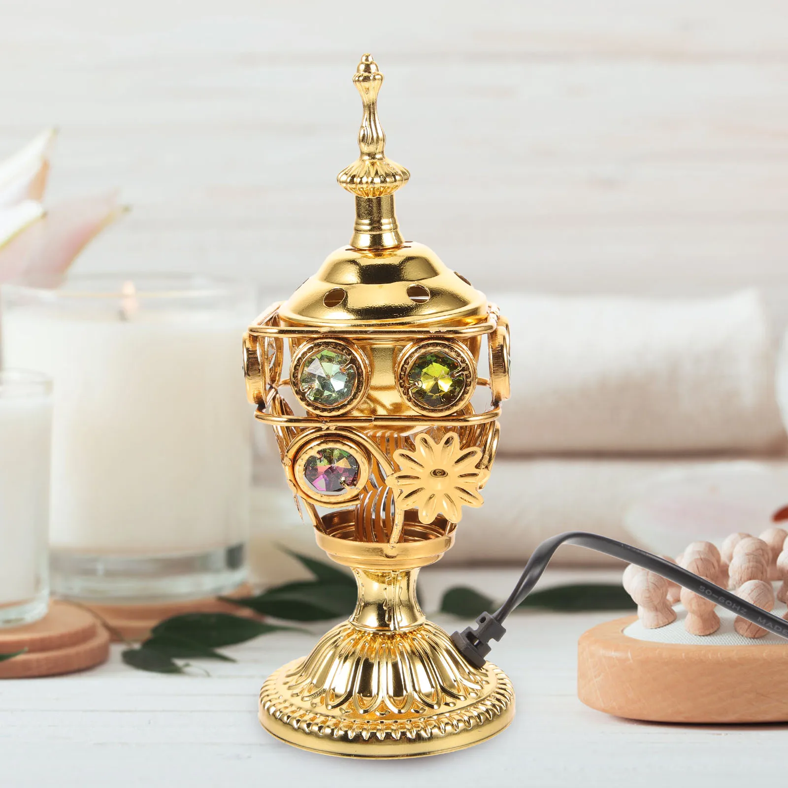 

Plug-in Electric Incense Burner Resin Decorative Censer Golden Compact Light Weight Vintage Elegant Design Reusable for Stick