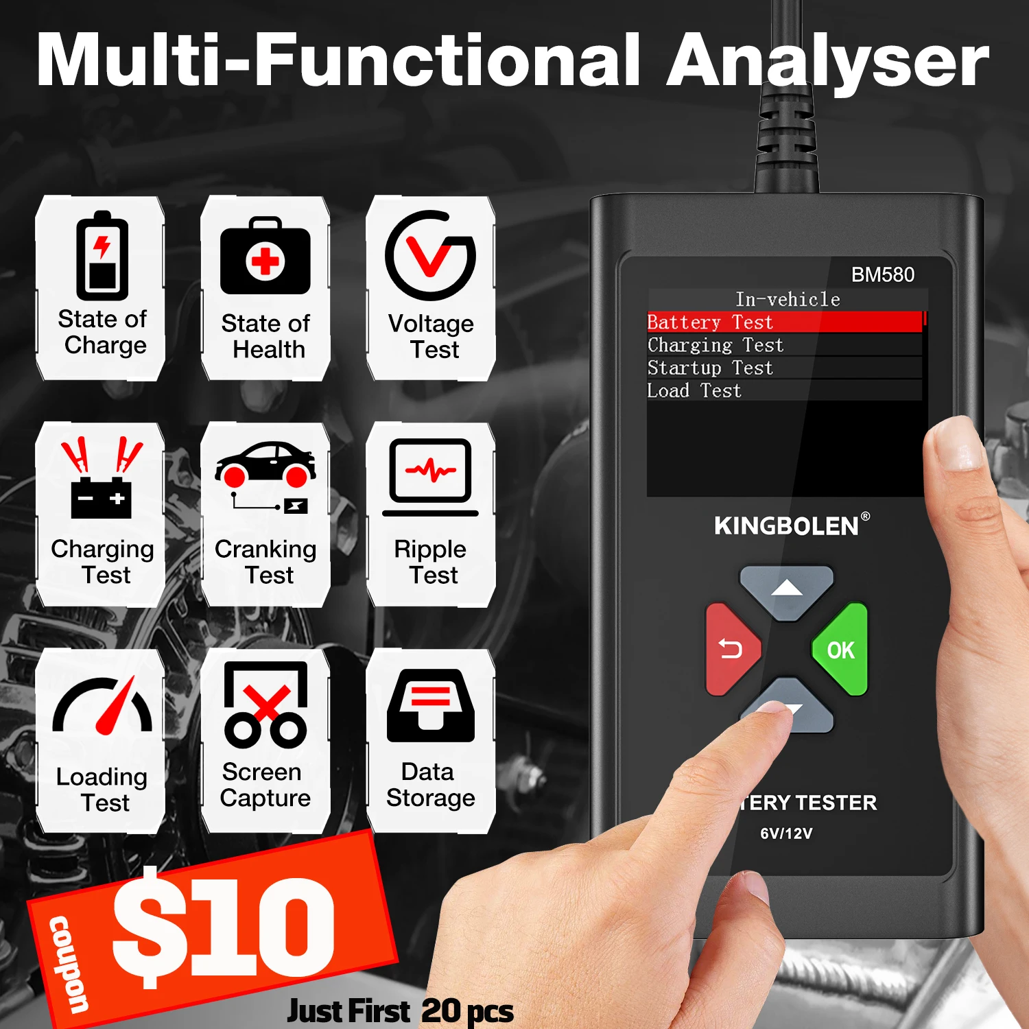 

Car battery tester digital capacity analyzer KINGBOLEN BM580 6v/12v charging load battery star up test in out vehicle no short