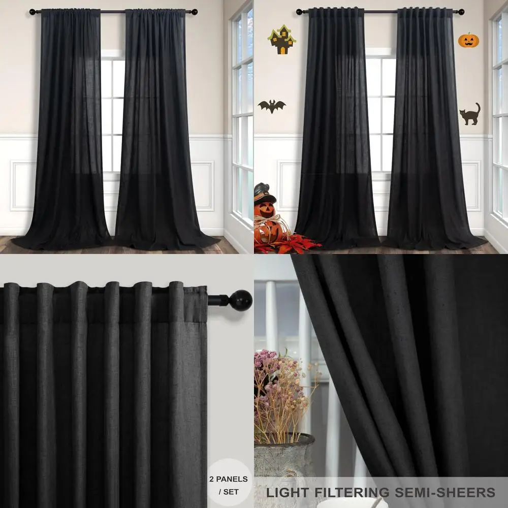 

Черные льняные шторы 102 — набор из 2 панелей для гостиной и столовой, современный стиль в стиле бохо, светофильтрация, подходит для больших окон и слизи