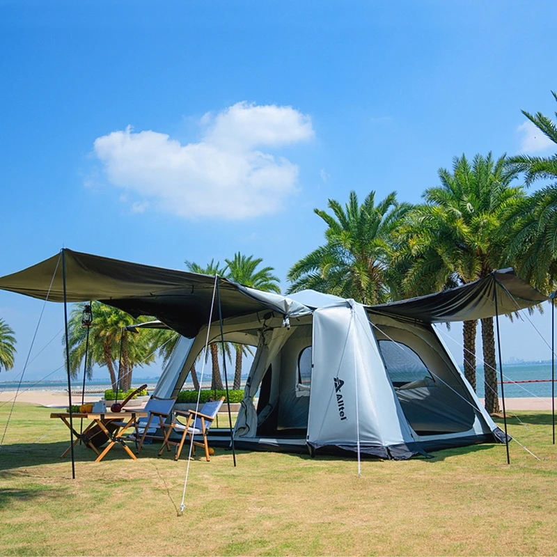 Tenda completamente automatica spessa colla nera 3 strati antipioggia a prova di sole 2 camere squisito palo in alluminio da campeggio all'aperto ad apertura rapida