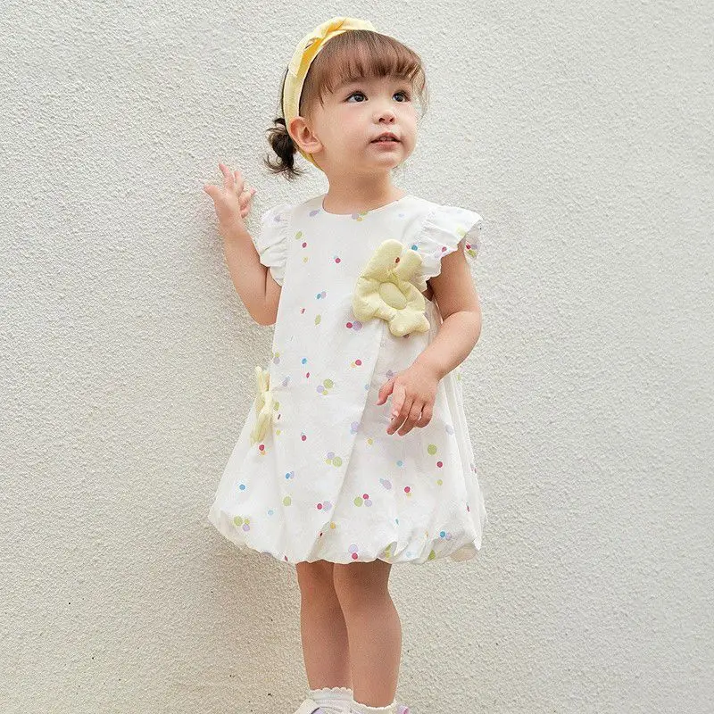 

Girl's Yellow Sleeveless Dress with 3D Rabbit Decal Ruffled Sleeves Bubble Sun Skirt Suitable for Little Girls To Wear In Summer