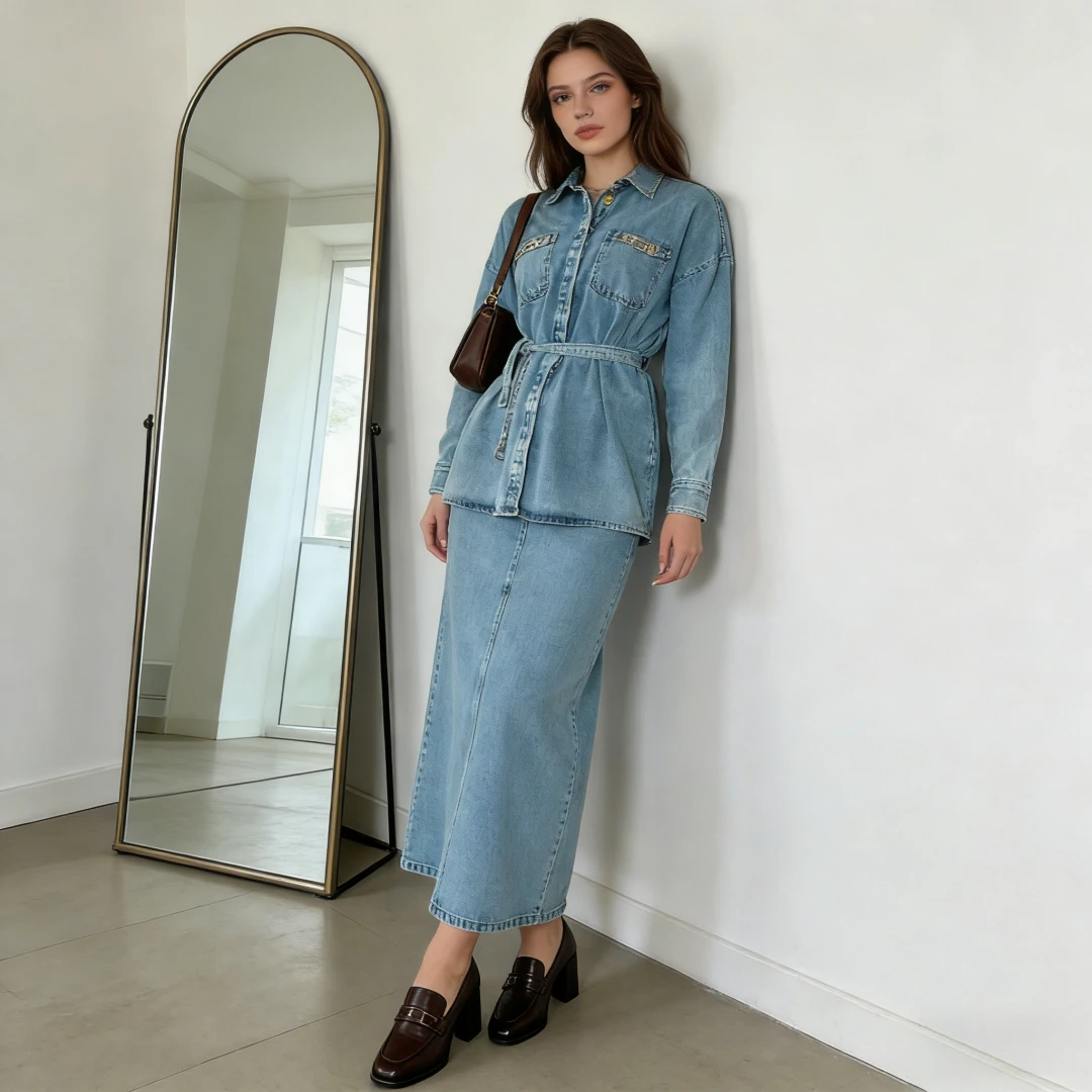 

Весенние комплекты из двух предметов: женские джинсовые юбки с высокой талией, длинные джинсовые юбки, джинсовые пальто с пуговицами и длинными рукавами, свободные куртки с карманами и шнуровкой.