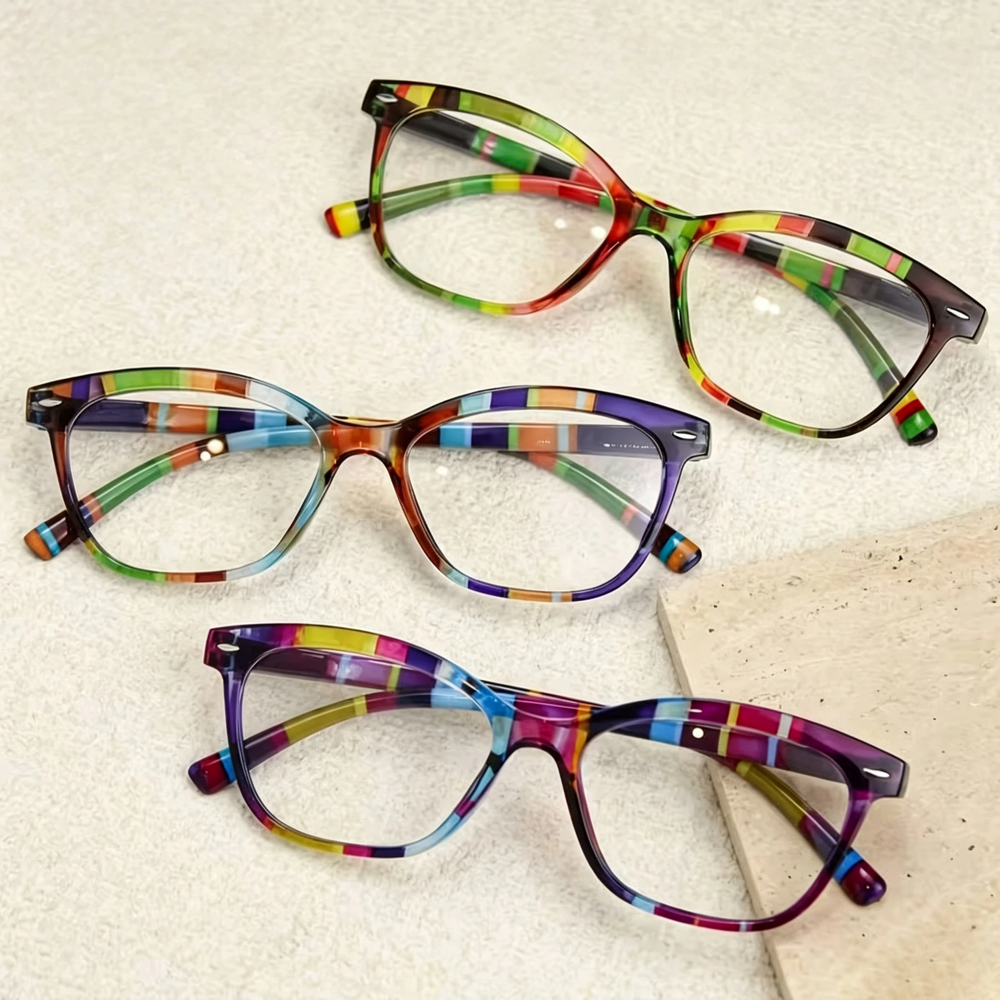 3 pairs of colorful striped portable reading glasses, comfortable to wear for a long time without pressing the nose