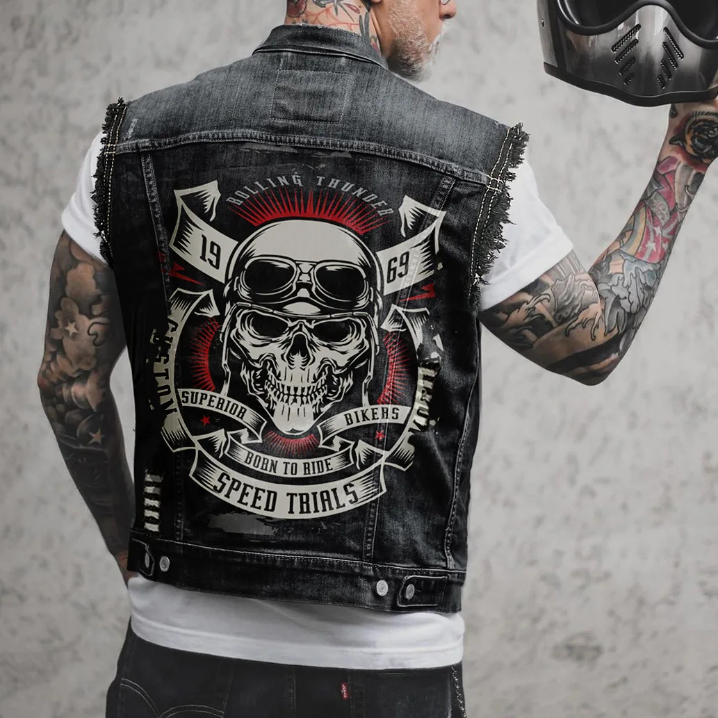 Men\'s Denim Vest 2024 New Skull Print Top Men\'s Tank Top Ropa Hombre Gym Clothing Men Denim Vest Motorcycle Vest Oversized S-6XL