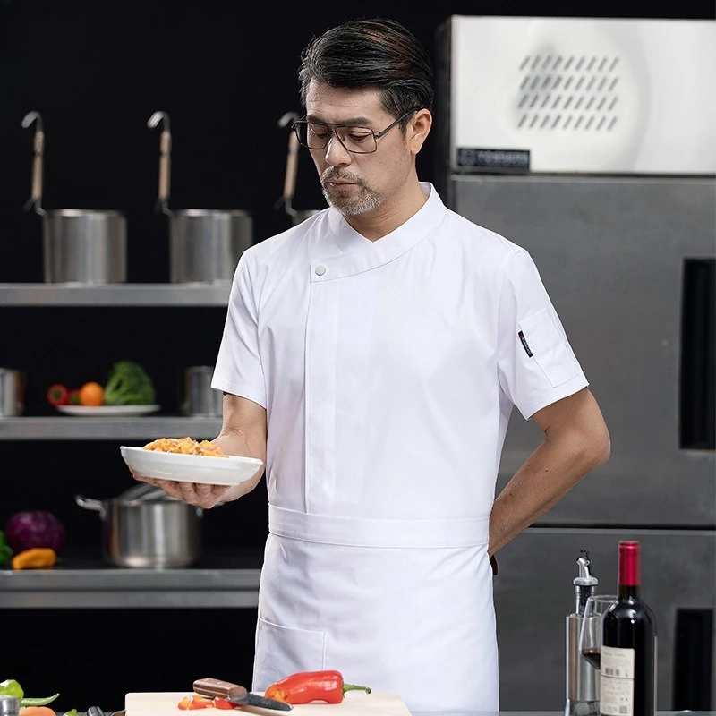 Chef Uniforms Short-sleeved Summer Catering Restaurant Kitchen Work Clothes Men Women Chef Overalls Slant Collar Work Clothes