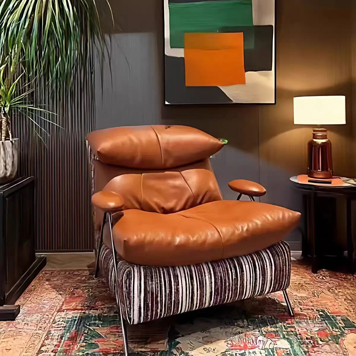 Leather Leisure Chair Living Room Sofa Chair Balcony Single Chair Top Layer Cowhide Fabric Down Soft Bag