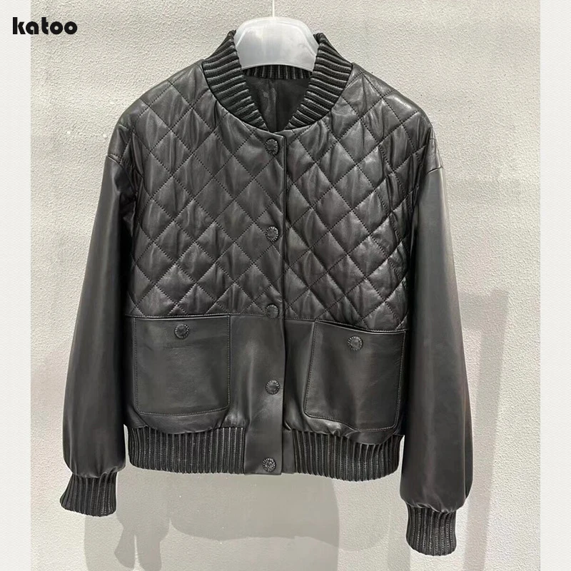 

Leather Jackets for Women 2026 Stylish Streetwear Short 100% Sheepskin Rhombic Lattice Padded Cotton Baseball Coat Veste Femme