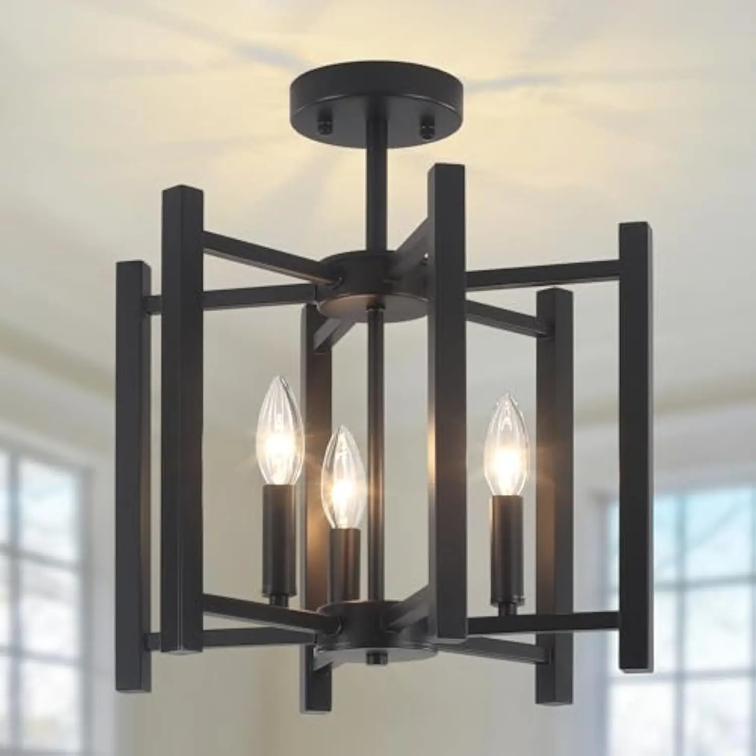 

Black Farmhouse Semi Flush Mount Ceiling Light, 14.6'' Modern Ceiling Light Fixtures Industrial Flush Mount Light Fixture for D