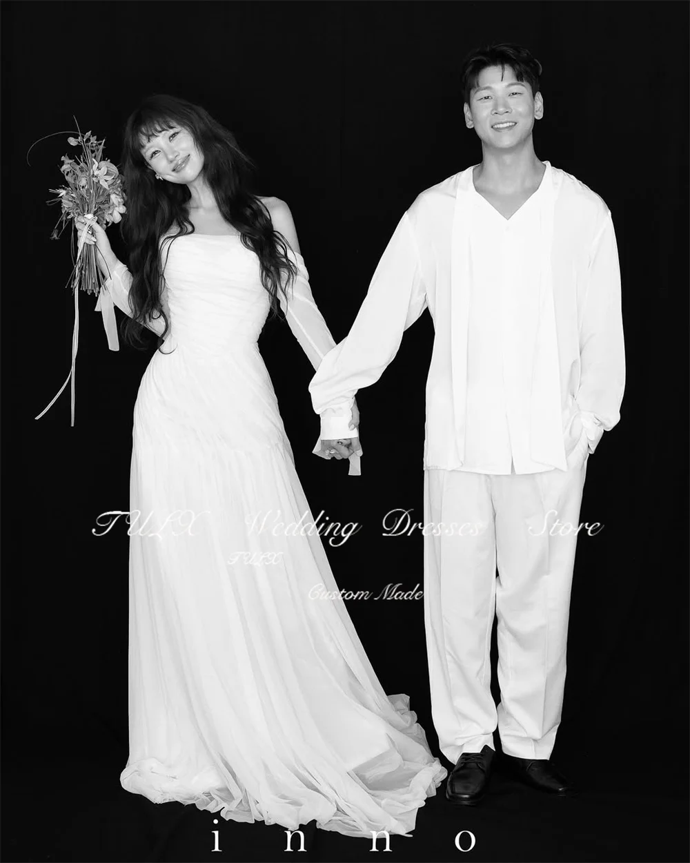 TULX Elegant Ivory Chiffon Long Wedding Dress Korea Photo Shoot Off Shoulder Long Sleeve Bridal Gowns Customized 웨딩드레스 2025