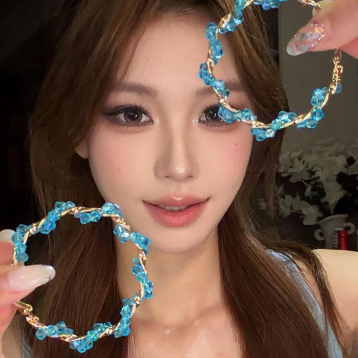 Summer Lake Blue Beaded Circle Earrings Women Transparent Feel Personality Exaggeration Small Face Jewelry Not Collision Trendy