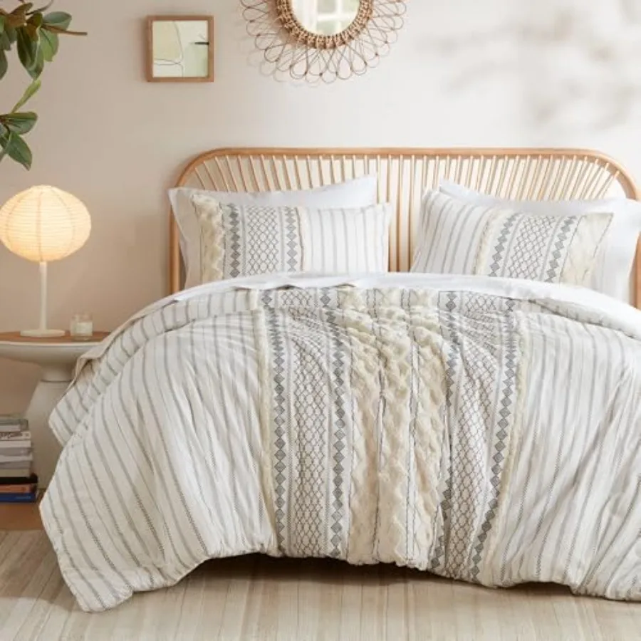 

Imani 100% Cotton Duvet Mid Century Modern Design, All Season Cover Bedding, Matching Shams, , Chenille Tufted Accent 3 Pcs
