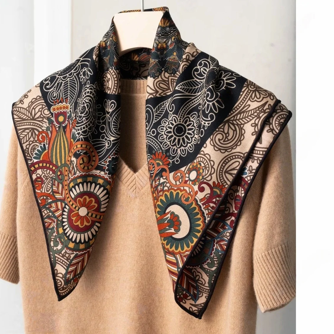 両面シルクウールスカーフ-エスニックスタイル-秋冬ファッションアクセサリー-多機能小型スクエアスカーフ-女性用
