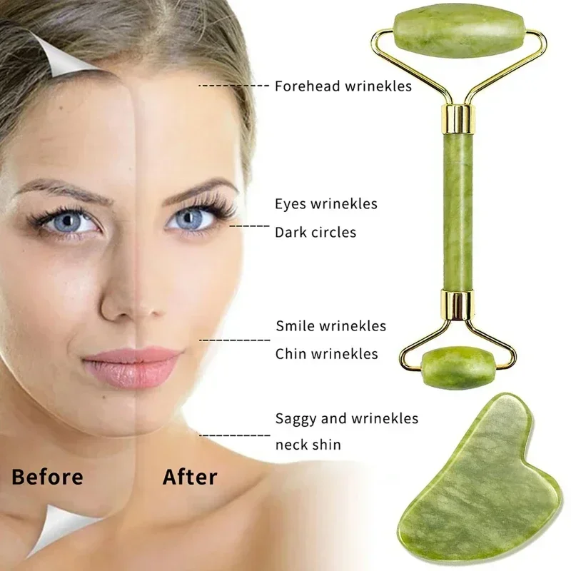 หยกธรรมชาติ Roller เครื่องนวดหน้า Face Roller ยกกระชับผิวหน้า Anti-wrinkle Gua Sha หินหยกนวดหน้า Beauty Skin Care เครื่องมือ