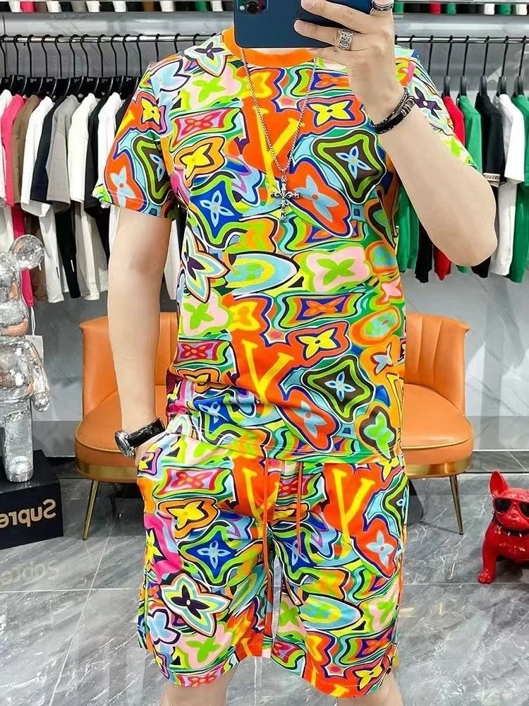

2024 Summer New Alphabet Boutique Round Neck Men's Short-sleeved Suit New Trendy Man Handsome Casual Fashion Breathable Y2K